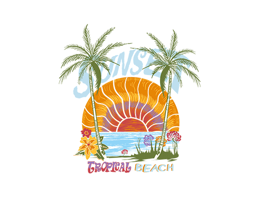 卡通椰子树图案手绘椰子树卡通夏季印花图案海洋图案卡通英文字母