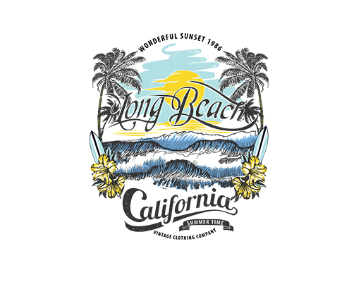 卡通椰子树图案手写英文字母海浪图案夏日风景图案女装夏季印花素材