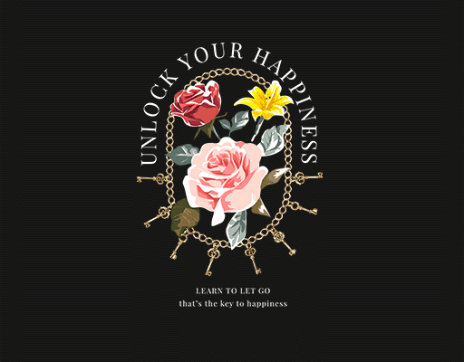 卡通花朵图案鲜花图案玫瑰花朵金色链子图案手绘花朵女装印花素材金色钥匙图案