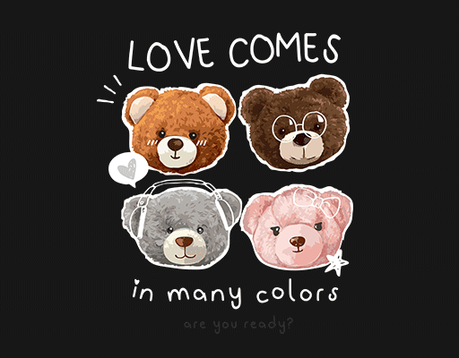 卡通熊头小熊头像手绘卡通熊头手写英文字母图案女装卡通印花素材四个熊头四只熊头