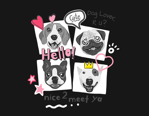 卡通小狗头像手绘狗头四只小狗图案手写英文字母图案女装卡通动物印花素材