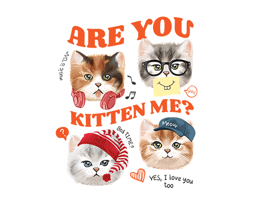 卡通猫咪头像四只猫戴眼镜的猫咪卡通英文字母图案女装印花素材四只猫头像