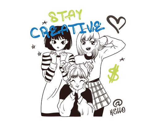 卡通女孩图案手绘女孩手写英文字母卡通人物头像手绘女孩印花素材三个女孩