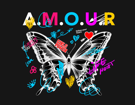 卡通蝴蝶图案涂鸦英文字母图案彩色英文字母蝴蝶剪影图案女装印花素材