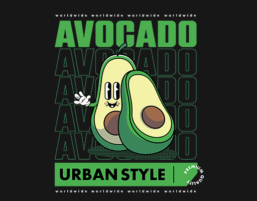 卡通牛油果图案卡通英文字母线条手绘水果女装印花素材