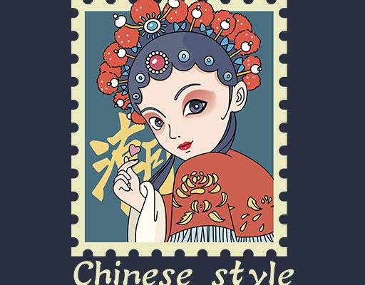 卡通女孩矢量京剧女孩矢量古典人物矢量中国风图案中国服饰矢量邮票图案矢量