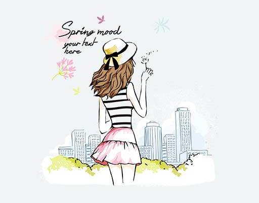 卡通女孩背影矢量城市女孩矢量吹泡泡女孩夏日女孩图案