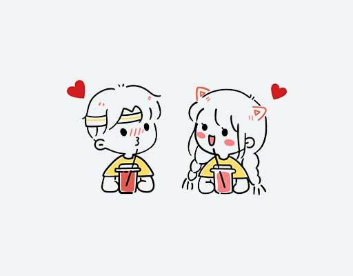 卡通男孩女孩矢量线条男孩女孩可爱卡通小人图案喝奶茶的卡通人物情侣装图案