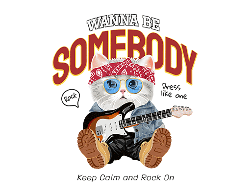 卡通猫咪图案弹吉他的猫印花素材男装印花图案