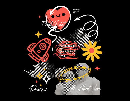 卡通爱心手绘卡通线条飞船人物建议男装印花素材