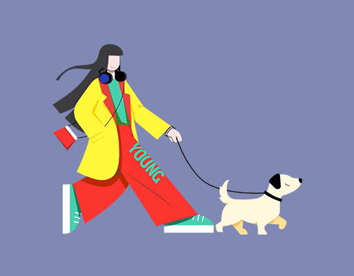 卡通女孩牵狗的人物图案可爱卡通图案男装印花素材