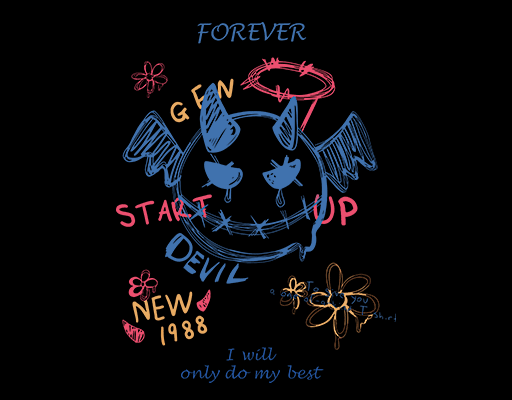 卡通小怪兽图案手绘小怪兽头像涂鸦英文字母图案涂鸦花朵图案男装印花素材