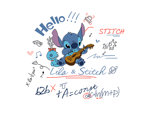 弹吉他的卡通史迪仔图案手写英文字母图案男装印花素材大耳怪星际宝贝