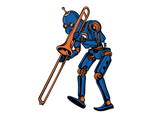 卡通机器人图案手绘卡通人物吹喇叭的机器人男装印花素材