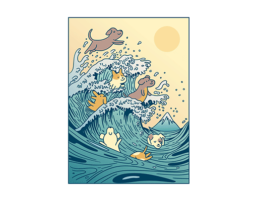 卡通小狗图案冲浪的狗卡通男装烫画素材海浪图案