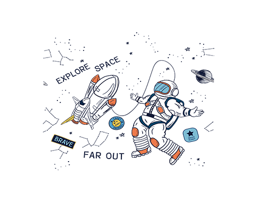 卡通宇航员图案手绘卡通人物星球图案卡通飞船图案男装印花素材