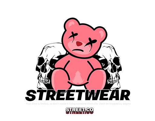卡通小熊图案手绘熊涂鸦骷髅头图案粉色小熊男装印花图案