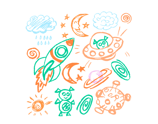 手绘卡通飞船图案卡通火箭卡通云朵图案男装印花素材卡通怪兽