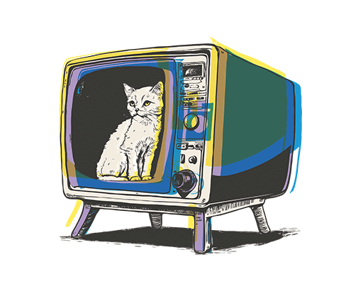 卡通电视机图案手绘猫咪复古电视图案手绘卡通男装印花素材