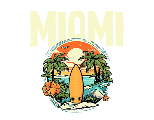 卡通椰子树图案海滩图案卡通英文字母手绘冲浪板图案海浪图案男装夏季印花素材