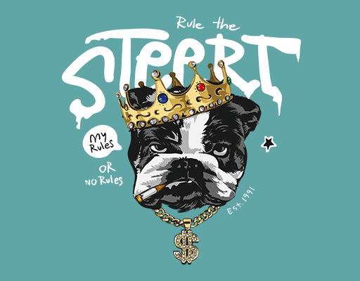 卡通狗头像手写英文字母图案戴皇冠的狗哈巴狗图案男装印花素材小狗头像