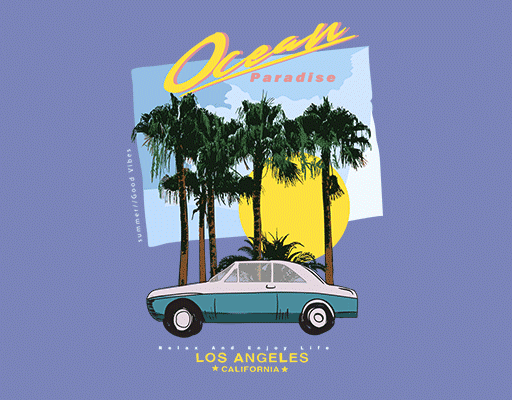 卡通汽车图案手绘汽车椰子树图案卡通英文字母图案小轿车图案男装夏季印花素材