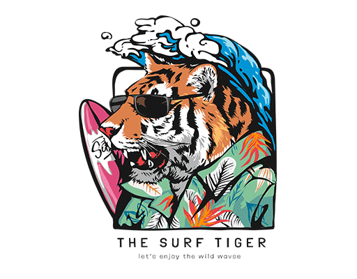 卡通老虎头像手绘老虎海浪图案戴墨镜的老虎头度假风印花图案男装印花图案