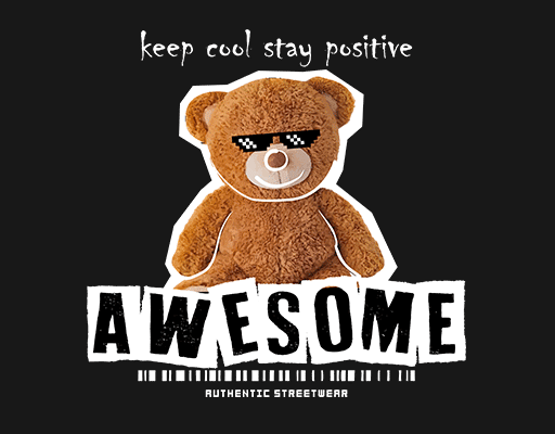 卡通小熊手绘小熊戴墨镜的小熊马赛克眼镜熊剪影卡通英文字母男装印花素材毛绒玩具熊