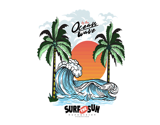 卡通海浪图案卡通椰子树图案男装印花素材手绘树木夏季印花素材海洋图案