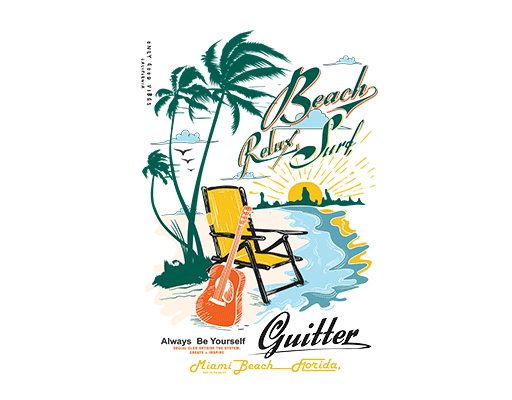 卡通海滩图案手绘风景椰子树海洋印花素材音乐吉他图案度假风格印花素材