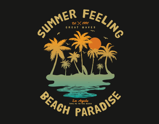 卡通椰子树海洋英文字母夏季风景图案男装印花素材树木剪影图案海洋图案