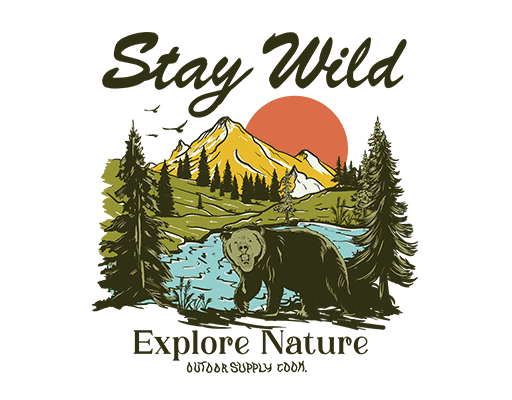 卡通山峰图案手绘树图案森林图案男装风景印花素材手写英文字母卡通熊图案