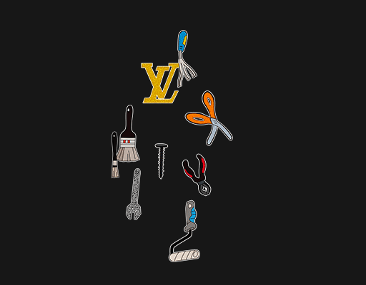 卡通剪刀图案LV英文字母卡通螺丝刀手绘物品图案男装卡通物品印花素材