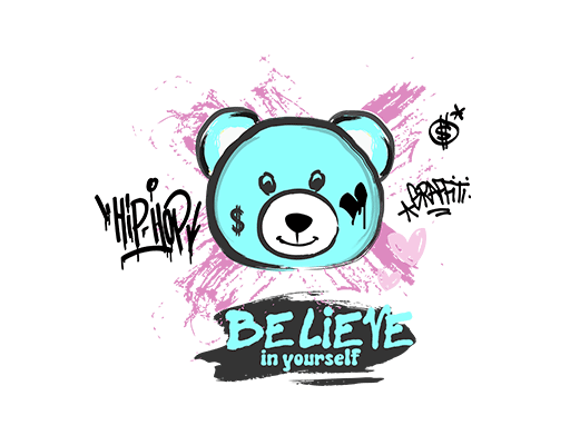 卡通小熊头像涂鸦小熊头涂鸦英文字母图案男装涂鸦印花素材手写英文字母