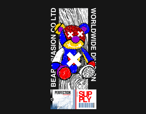 卡通小熊图案彩色小熊男装卡通熊印花素材手绘小熊男装卡通印花素材