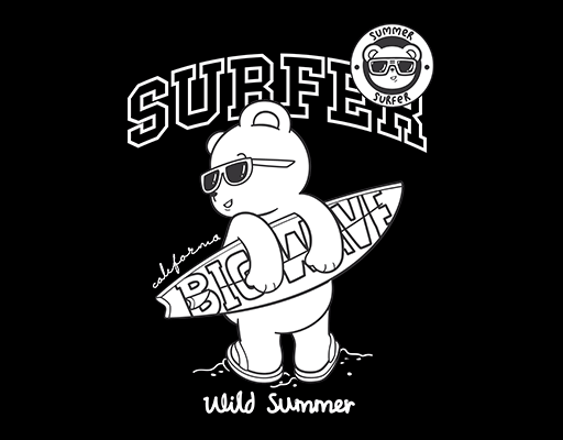 卡通小熊图案戴眼镜的小熊滑板小熊冲浪小熊线条印花素材男装印花素材