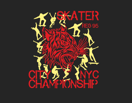 卡通老虎头像手绘老虎滑板人物剪影图案破碎英文字母男装印花素材