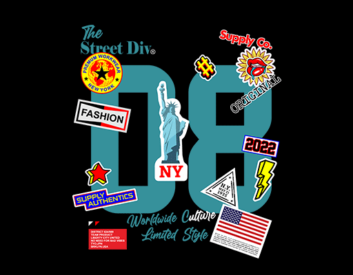 卡通英文字母徽章图案自由女神雕塑图案五角星旗帜卫衣印花素材