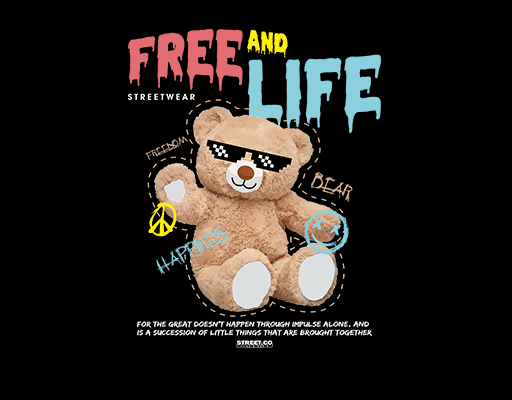 卡通小熊图案戴墨镜的小熊涂鸦英文字母男装印花素材