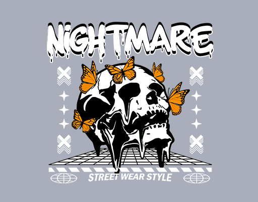 骷髅头图案手绘卡通骷髅涂鸦英文字母蝴蝶图案印花素材