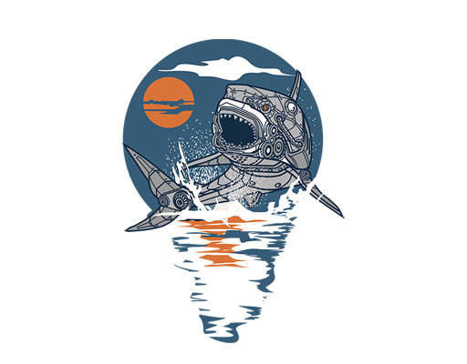 卡通机器鲨鱼矢量手绘卡通动物机器鱼太阳海洋图案