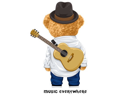 卡通小熊背影图案吉他小熊手写英文字母戴帽子熊毛绒玩具