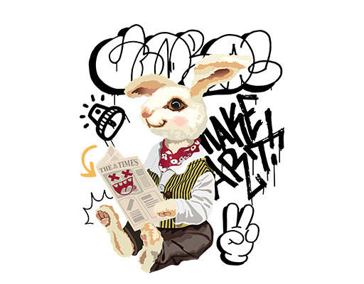 看报纸的兔子手绘卡通动物涂鸦英文字母图案