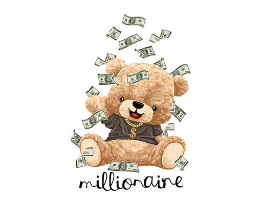 撒钱小熊图案手绘毛绒玩具钱币手绘美元纸币