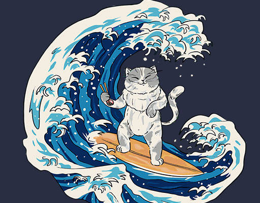 卡通猫咪冲浪猫图案手绘卡通动物海浪图案手绘猫图案
