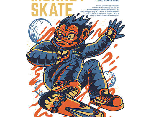 卡通猴子矢量手绘卡通动物滑板猴子大猩猩矢量卡通动物