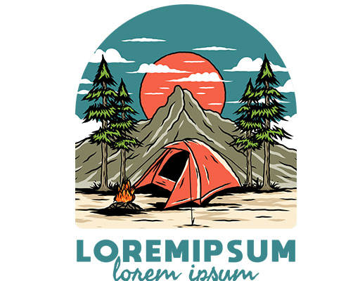 卡通山峰矢量手绘风景矢量树木图案帐篷