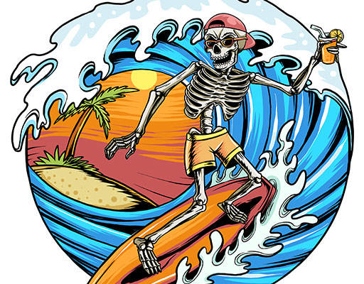 卡通骷髅头矢量手绘卡通骷髅海浪矢量圆形海洋矢量