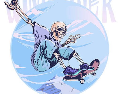 滑板骷髅头矢量手绘卡通滑板山峰矢量圆形矢量