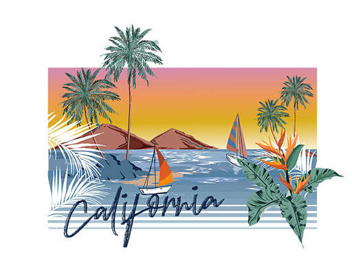 风景矢量海滩矢量手绘树木椰子树矢量帆船矢量